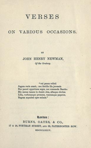 John Henry Newman: Verses on various occasions (1874, Burns, Oates)