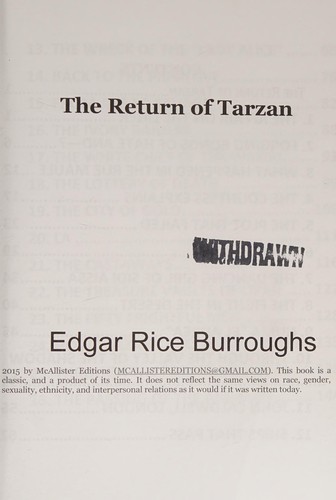 Edgar Rice Burroughs: The Return of Tarzan (2015, Createspace Independent Pub)