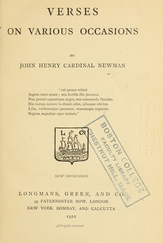 John Henry Newman: Verses on various occasions (1910, Longmans, Green)