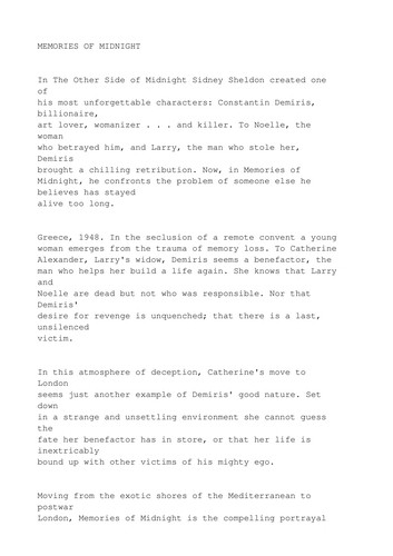 Sidney Sheldon: Memories of midnight. (1990, Warner)