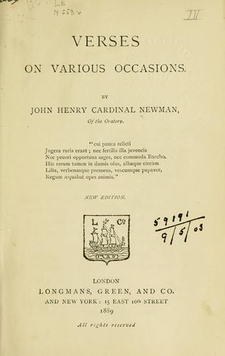John Henry Newman: Verses on various occasions. (1889, Longmans, Green)