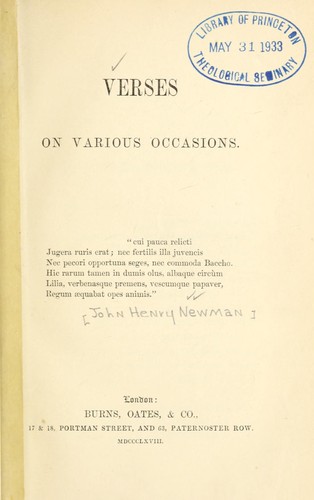 John Henry Newman: Verses on various occasions (1868, Burns Oates, & Co.)