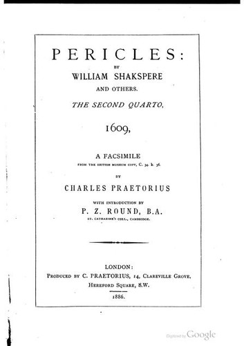 William Shakespeare: Pericles .. (1886, C. Praetorius)