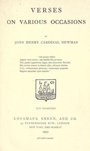John Henry Newman: Verses on various occasions (1903, Longmans, Green)