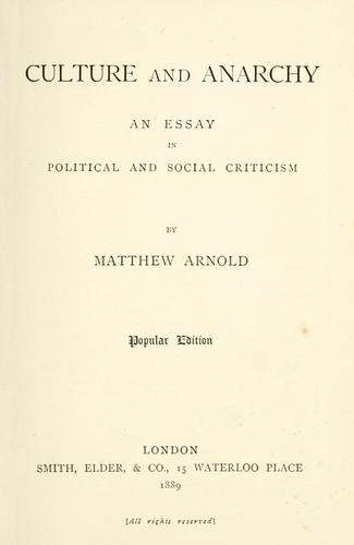 Matthew Arnold: Culture and anarchy (1889, Smith, Elder)