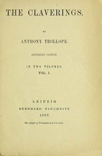 Anthony Trollope: Claverings (1867, Bernhard Tauchnitz)