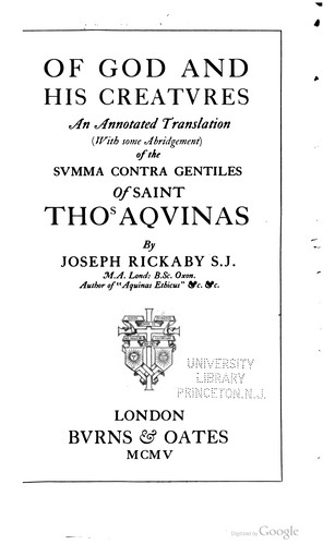 Thomas Aquinas, Joseph Rickaby, Cyrille Michon, Vincent Aubin, Denis Moreau: Of God and his Creatures (1905, Burns and Oates)