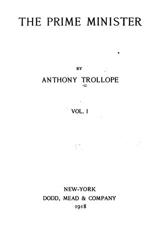 Anthony Trollope: The prime minister (1973, Oxford University Press)