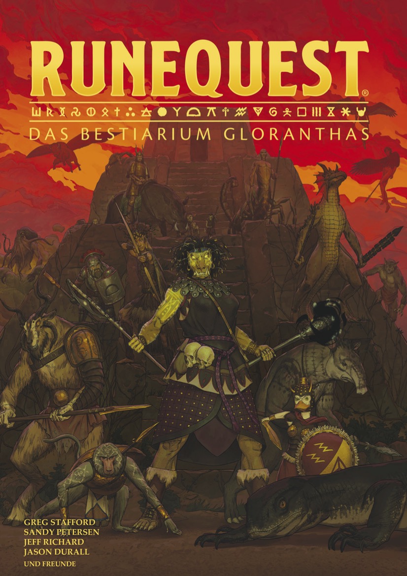 Sandy Petersen, Jason Durall, David Dunham, Steve Perrin, Sven Lugar, Chris Klug, Michael O'Brien, Ken Rolston, Cory Trego-Erdner, Jamie Revell, Greg Stafford: RuneQuest - Das Bestiarium Gloranthas (deutsch language, 2022, Uhrwerk Verlag)