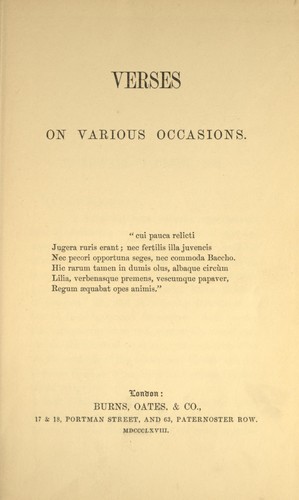John Henry Newman: Verses on various occasions. (1868, Burns, Oates)
