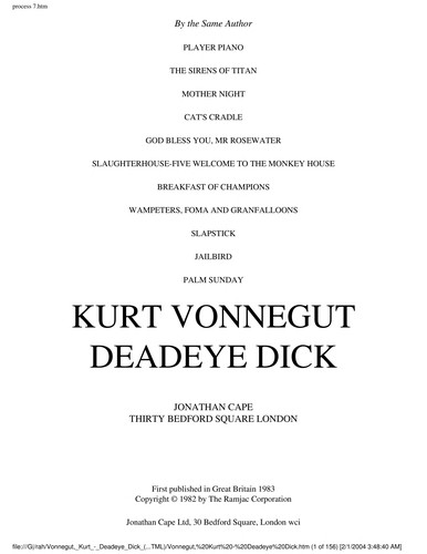 Kurt Vonnegut: Deadeye Dick (1983, Cape)