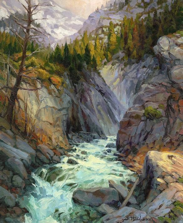 Art print of an original oil painting by Steve Henderson depicting a rushing mountain river in springtime.