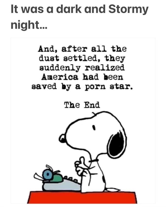 A comic-style image with text: "It was a dark and Stormy night..." followed by an illustration of a dog typing on a typewriter with the text: "And, after all the dust settled, they suddenly realized America had been saved by a porn star.