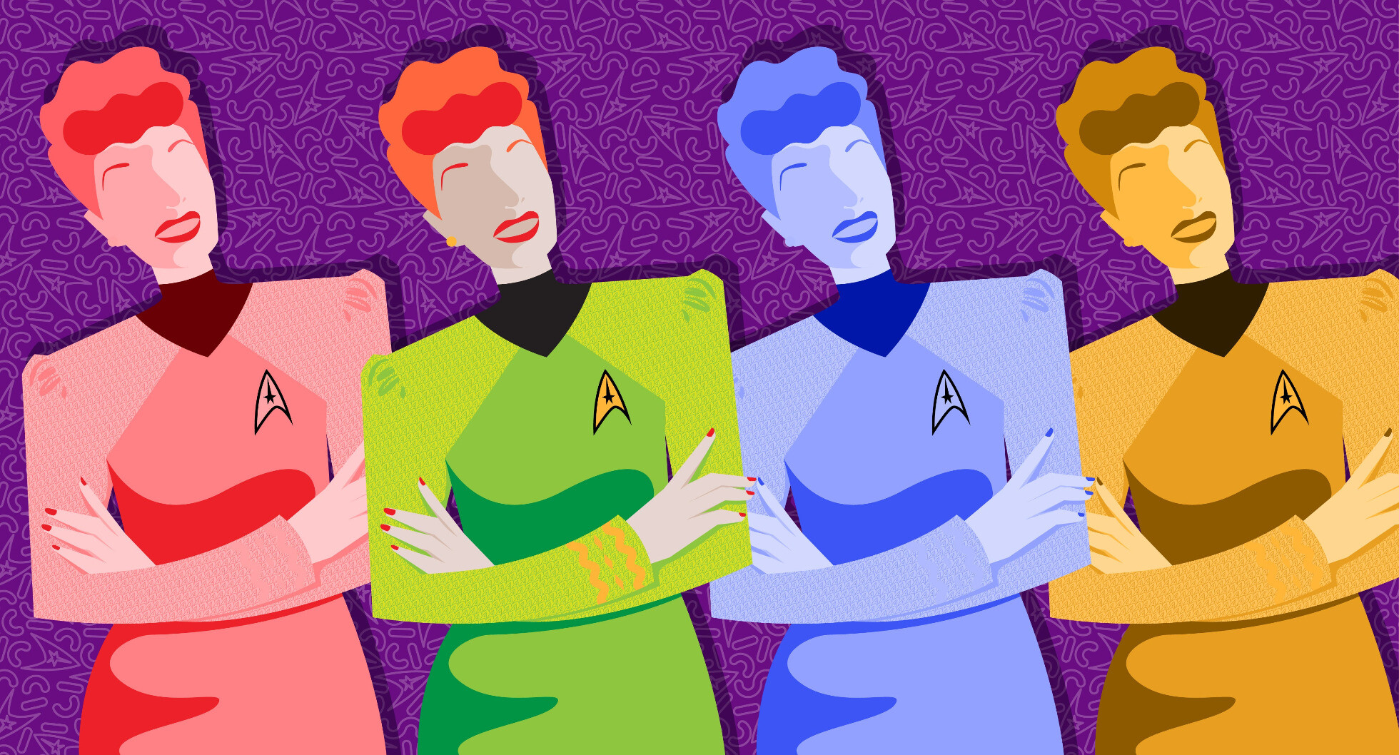 An abstract full-color illustration of "I Love Lucy" era Lucille Ball in an approximation of the original-series "Star Trek" uniform in green, striking a classic "Star Trek" captain crossed-arms pose, flanked by copies of the illustration in red, blue, and yellow.