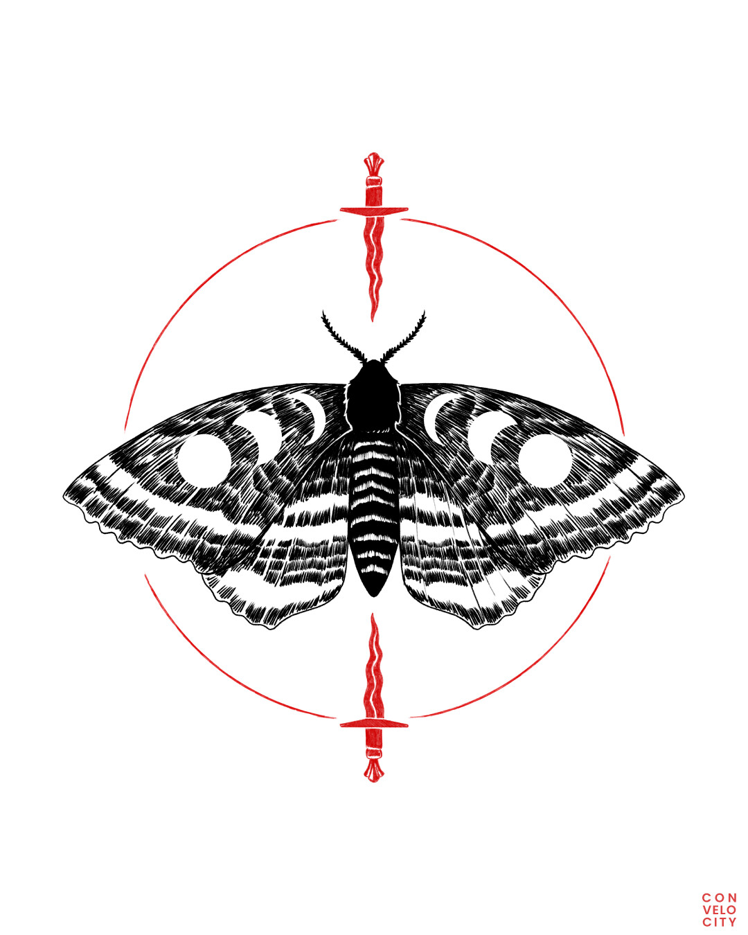 Drawing. A b/w sketch of a moth with moon phases on its wings as silhuettes. The moth is surrounded by a red circle with a red dagger at the top and the bottom.