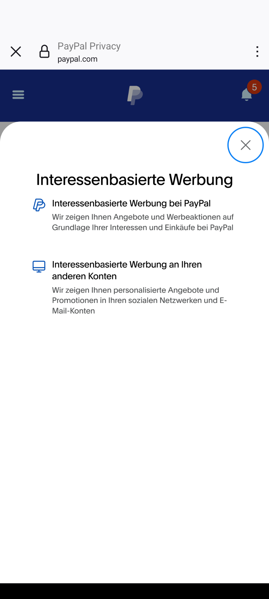 Screenshot der Datenschutz-Einstellungen auf paypal.com, Unterbereich "Interessensbasierte Werbung" mit zwei weiteren Unterbereichen: "bei Paypal" und "an Ihren anderen Konten"