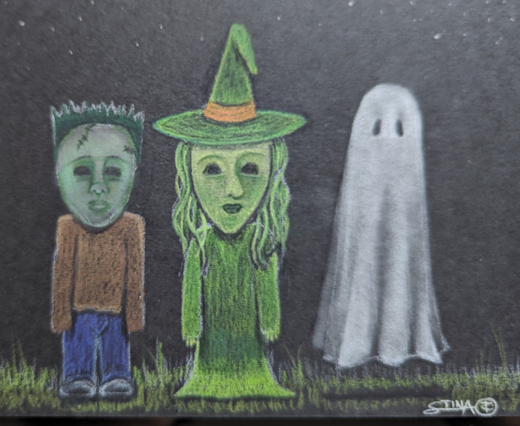 Drawing/Illustration of a trio of trick-or-treaters: a Frankenstein, a witch, and a ghost hovering above the ground