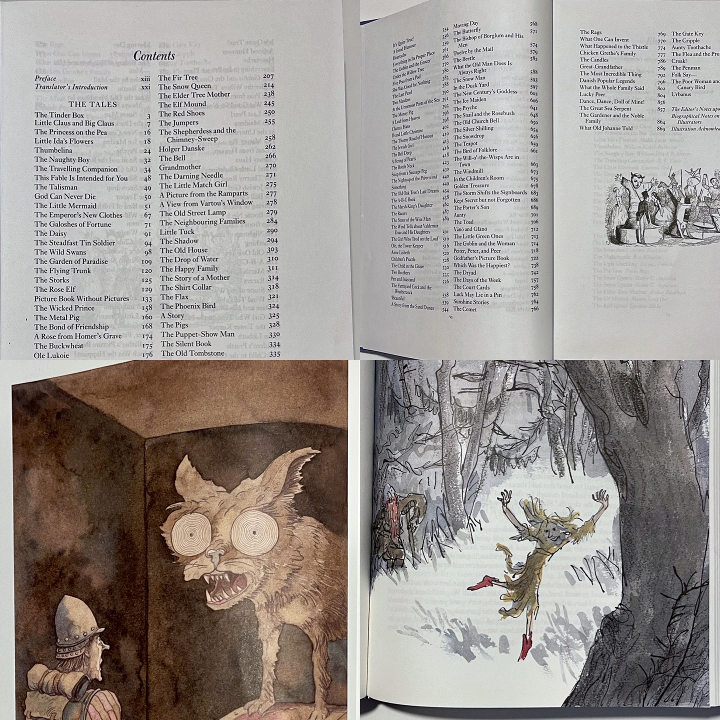 A montage of four photos of the book described in the toot. contents pages, and two plates: one by Rackham, one by Quentin Blake.