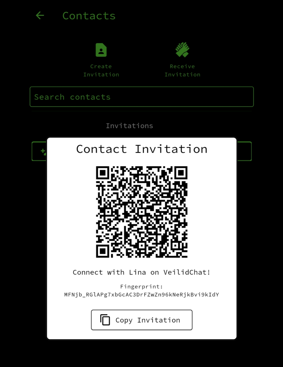 a screenshot of the VeilidChat Android app showing a QR code invitation to connect with me