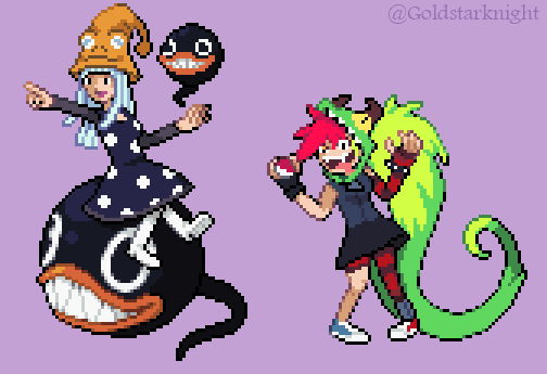 Eruka Frog from Soul Eater and Demencia from Villainous in the pixelart style of the pokémon trainers from generation 5 (Black & White).
Eruka is sitting on her giant tadpole Jackson, pointing forward, while a smaller tadpole floats beside her.
Demencia is standing next to Eruka. She has a Pokéball in her right hand and her tongue is hanging out.