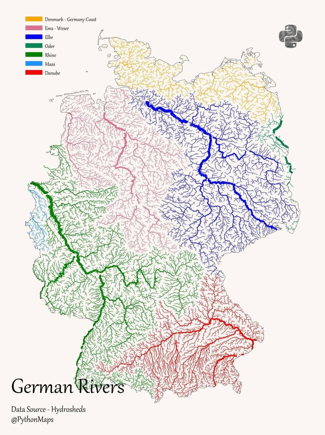 Here are all of the rivers and waterways in the Germany, coloured according to the major hydrological basins they are part of and scaled by their size.  