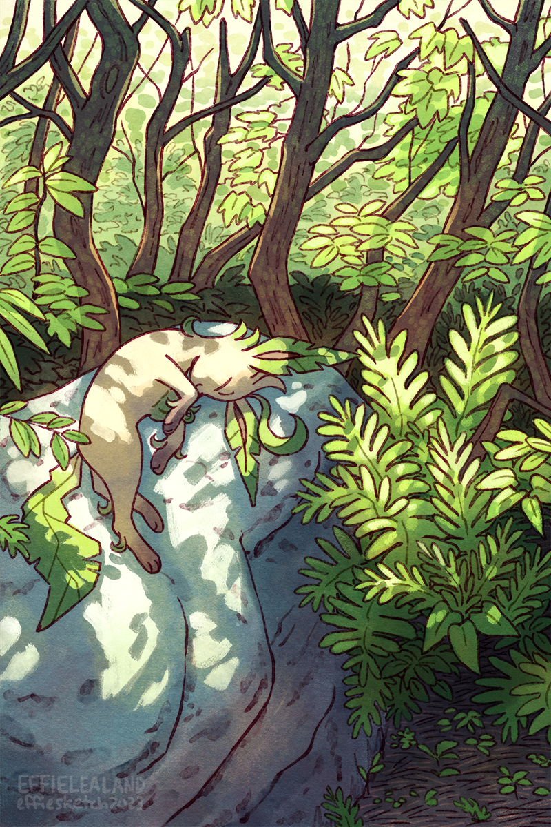 Digital illustration of the Pokemon Leafeon sleeping on a rock in dappled sunlight amongst dense shrubs.