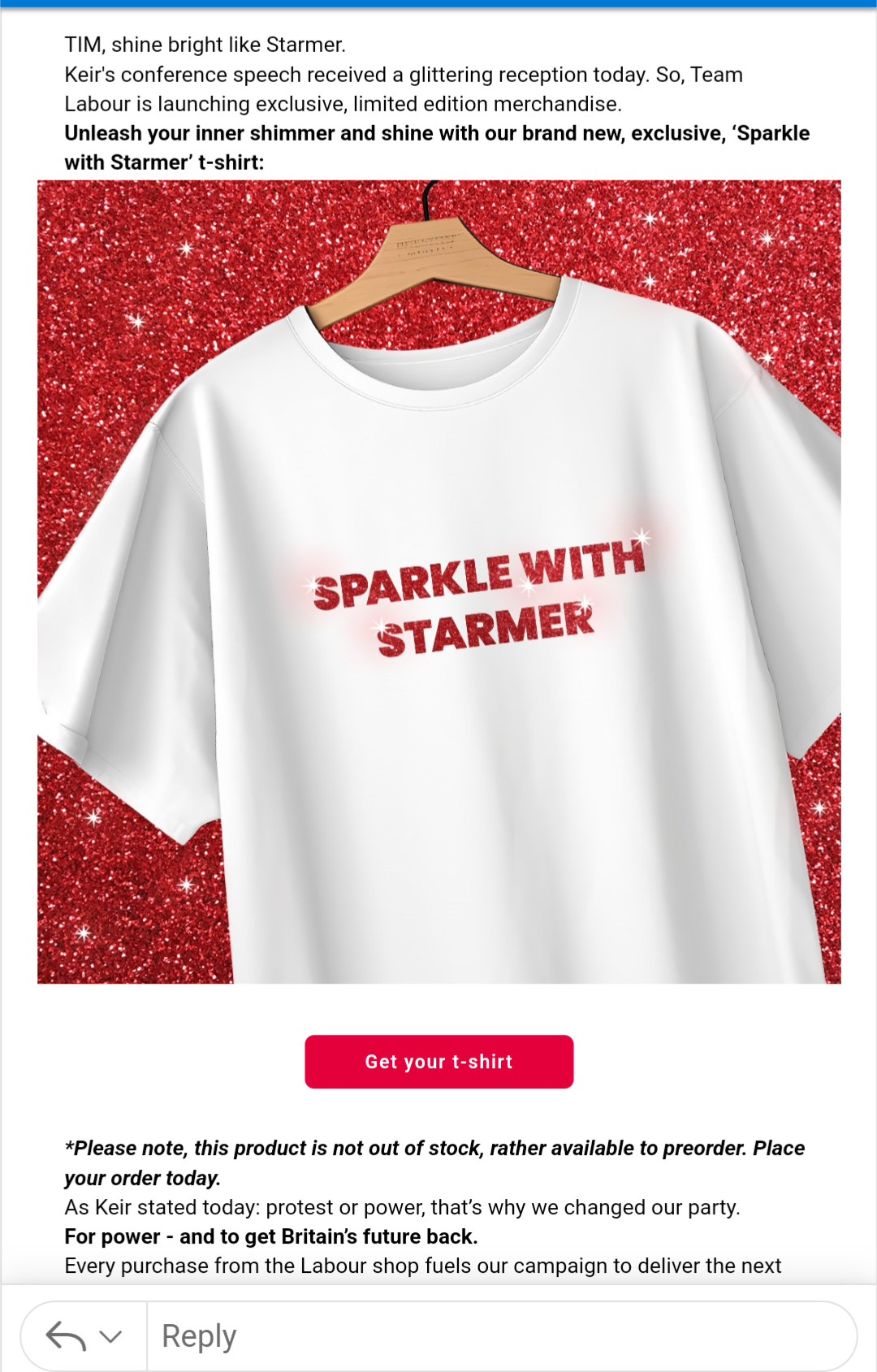 T shirt from UK Labour party with the slogan Sparkle with Starmer. Check today's news from Labour party conference for context.