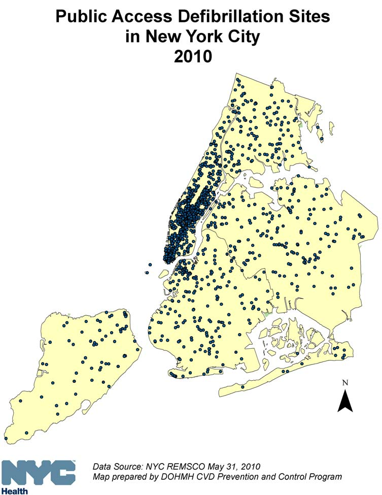 Public Access Defibrillation Sites in New York City 2010. Data source: NYC REMSCO May 31, 2010; map prepared by DOHMH CVD Prevention and Control Program. A map of dots showing the neighborhoods in New York City that have PAD sites.

This is the most recent published map of public AED sites in NYC.