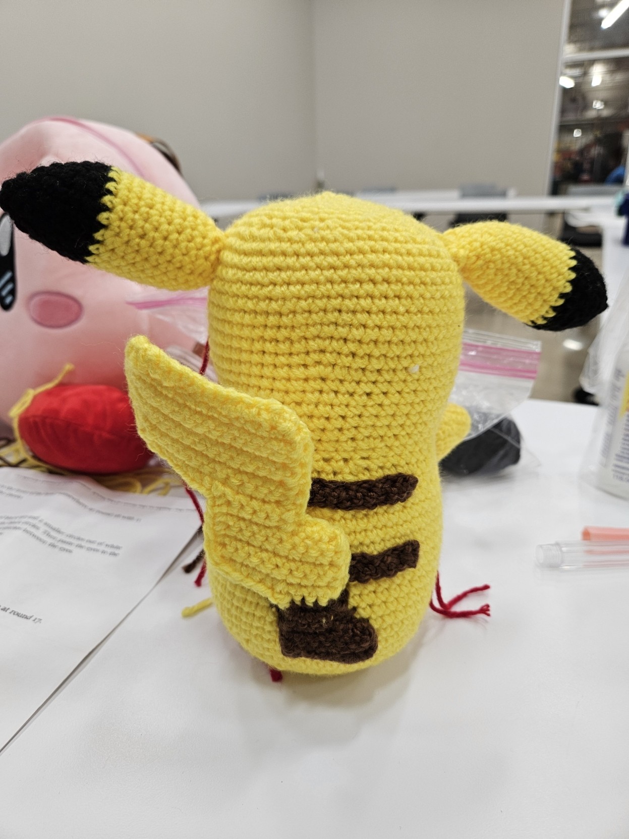 Back of an amigurumi Pikachu. This side of Pikachu is complete.