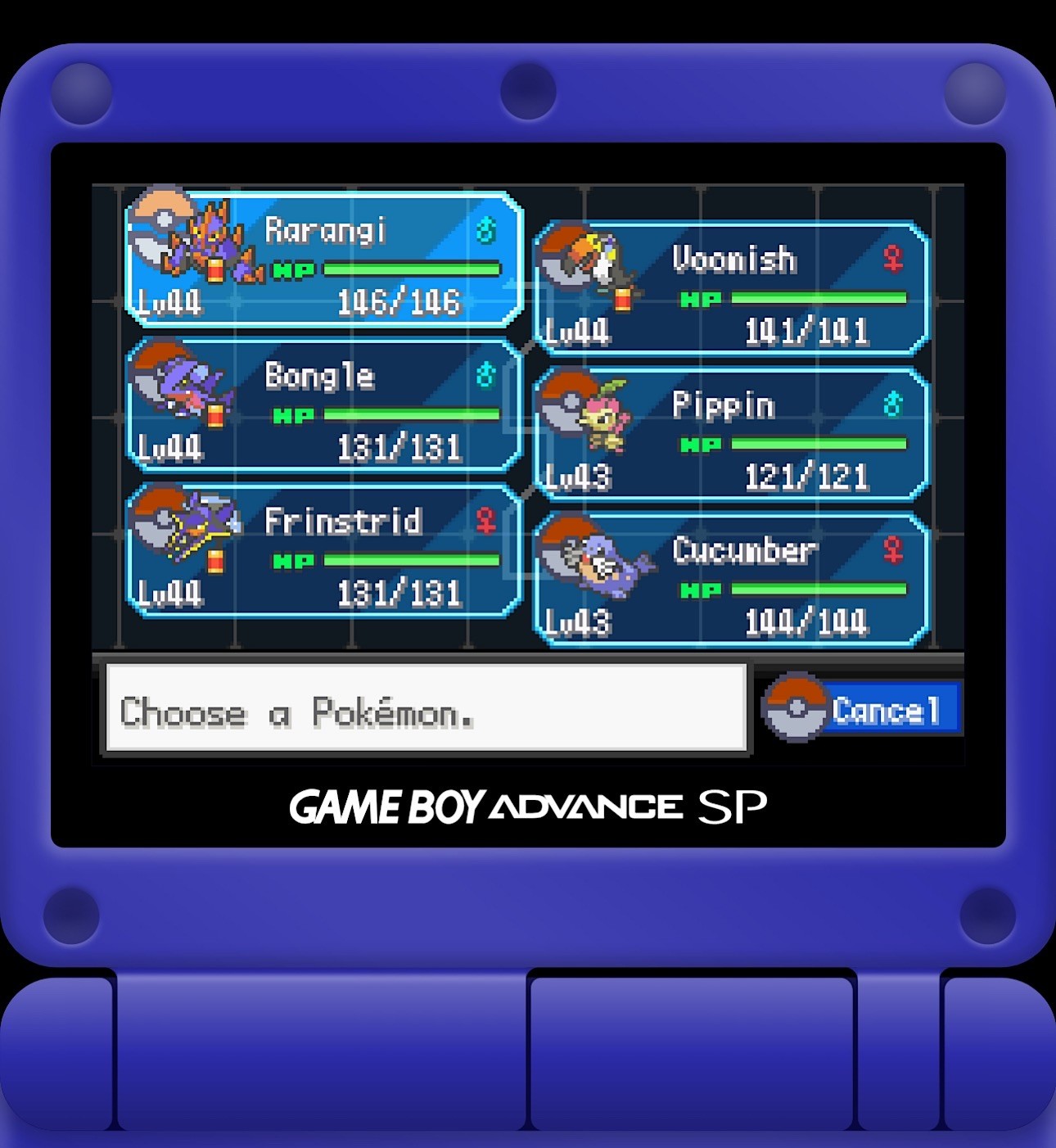 A screenshot of a Pokémon game roster on a Game Boy Advance SP console.