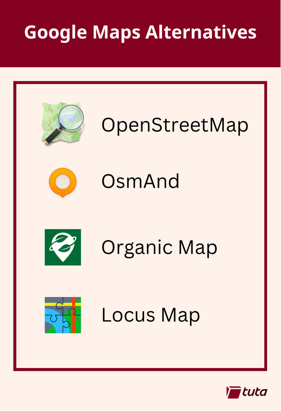 A list of our recommendations for alternatives to Google Maps including OpenStreetMap, OsmAnd, Organic Map, and Locus Map.