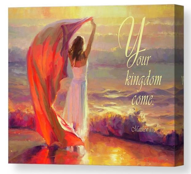 Canvas print of an artwork by Steve Henderson depicting a woman standing at the beach, arms overhead as she looks at the sunset. A verse is written to the side.