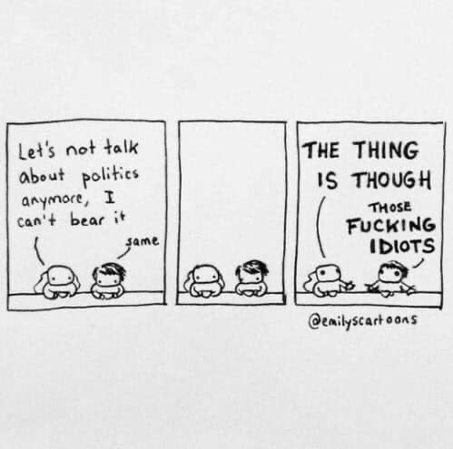 This is a three-panel black and white cartoon. Two people are sitting next to each other.

Panel 1: Person 1 says, "Let's not talk about politics anymore, I can't bear it". Person 2 responds with, "Same"

Panel 2: (nobody says anything)

Panel 3: Both, at the same time: "THE THING IS THOUGH, THOSE FUCKING IDIOTS"