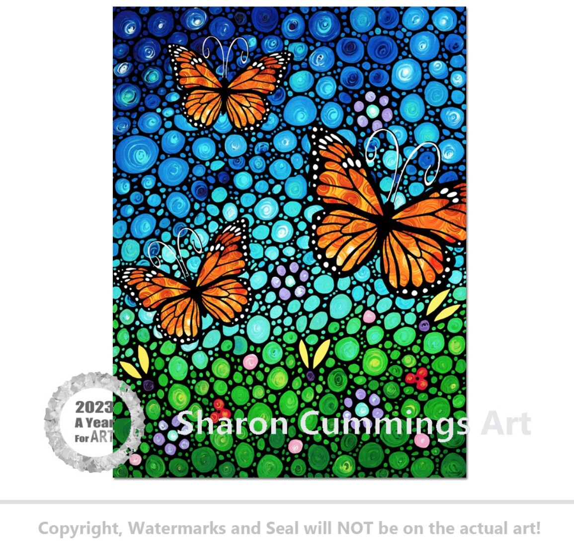 Colorful mosaic garden in greens and blues with orange monarch butterflies flying around by artist and poet Sharon Cummings.  Haiku poem in post.