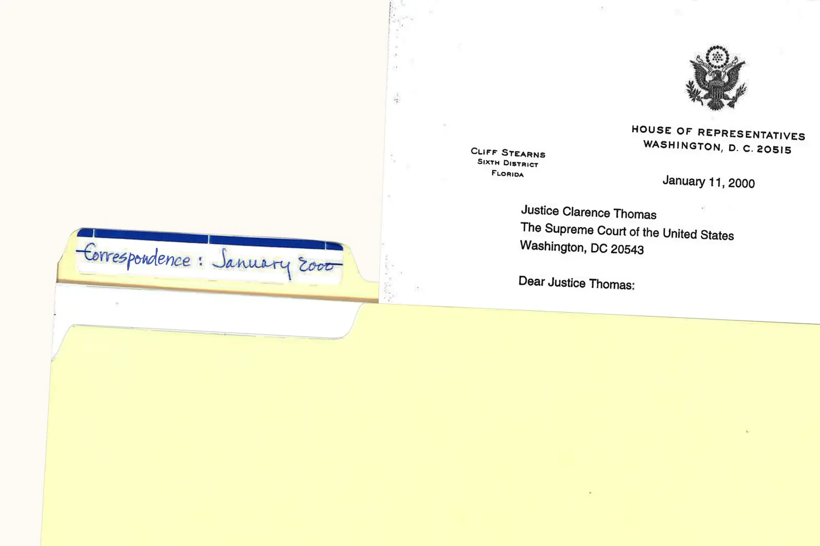 Collage of a file folder with a handwritten label "Correspondence: January 2000" and the top portion of a letter, dated Jan. 11, 2000 from then Congressman Cliff Stearns (FL-6) to Supreme Court Justice Clarence Thomas.

Collage by ProPublica. Source: George Washington University Special Collections Research Center.