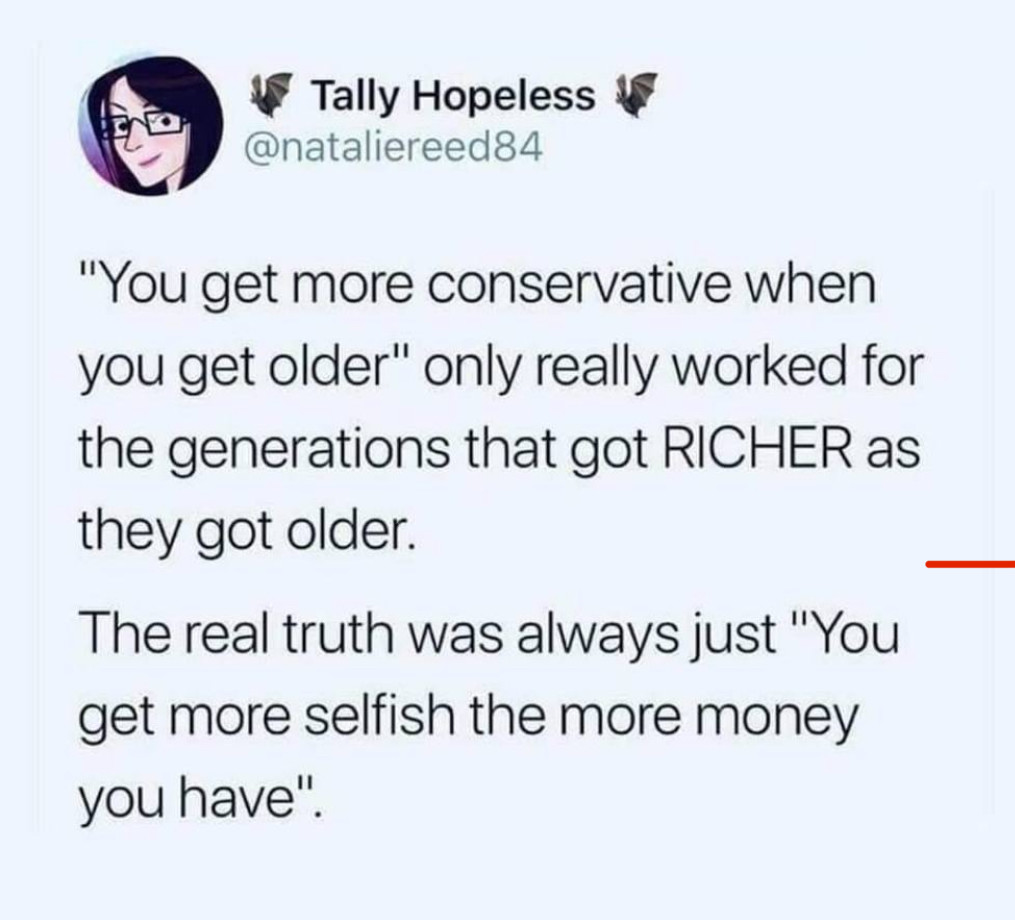 Tally Hopeless writes:

"You get more conservative when you get older" only really worked for the generations that got RICHER as they got older.

The real truth was always just "You get more selfish the more money you have".