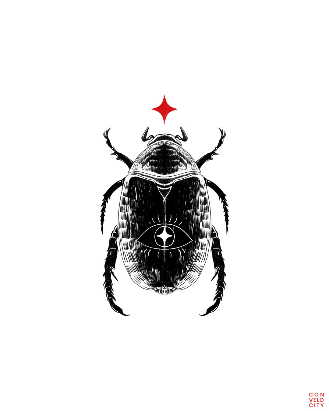 Drawing. A black nondescript beetle with an eye on its back. Above its head is a red star.