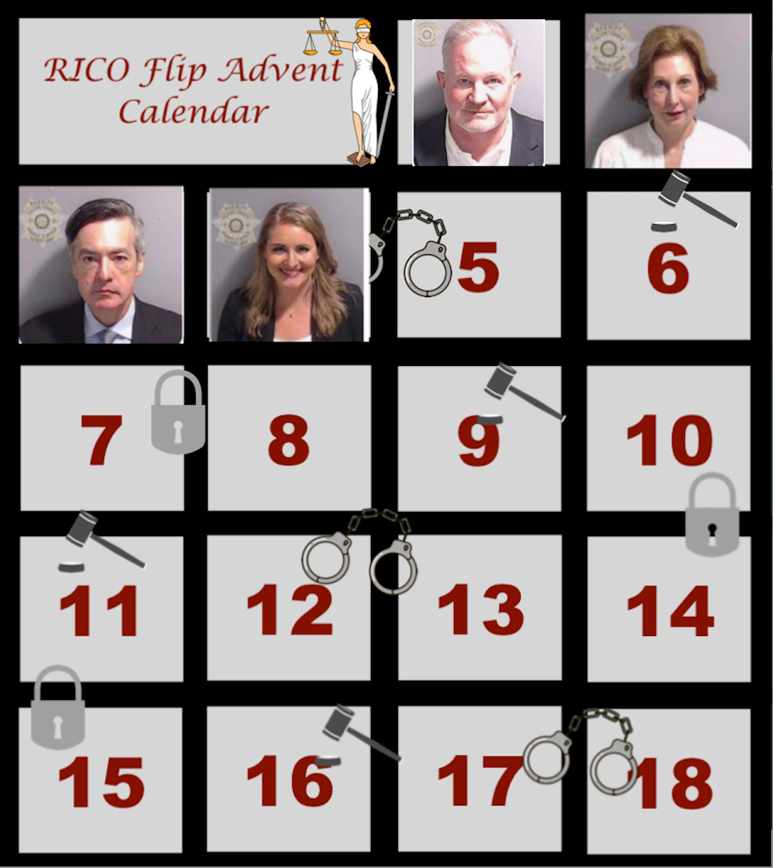 RICO advent calendar showing 18 slots for Trump co-conspirators and the pictures of the 4 who flipped: bail bondsman Scott Halland , attorney Sydney Powell, ex-Trump campaign attorney Kenneth Chesebro, attorney Jenna Ellis. 14 unopened slots remain.