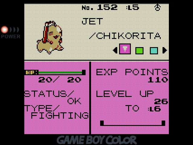 Level 5 Chikorita with a nunchuk on its head instead of a leaf. Nickname is JET, type is FIGHTING